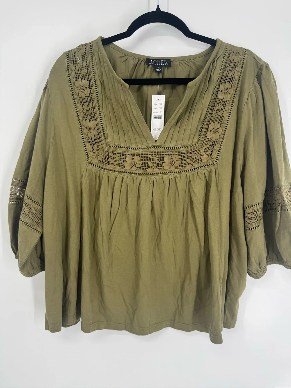 NWT J. Crew Lace-trim Puff Sleeve Shirt Broken-in Jersey Green Flowy Peasant 2X